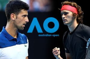 I tennisti Novak Djokovic e Alexander Zverev, in mezzo il logo dell’Australian Open