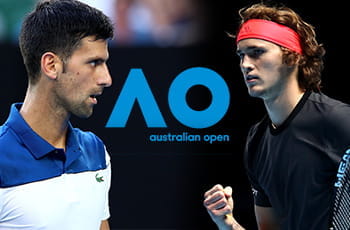 I tennisti Novak Djokovic e Alexander Zverev, in mezzo il logo dell’Australian Open