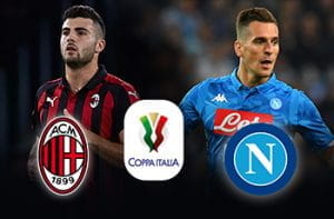 I calciatori Patrick Cutrone e Ardadiusz Milik con i loghi di Milan e Napoli e quello della Coppa Italia