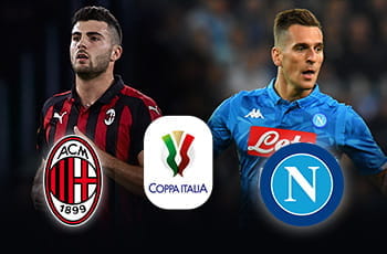 I calciatori Patrick Cutrone e Ardadiusz Milik con i loghi di Milan e Napoli e quello della Coppa Italia