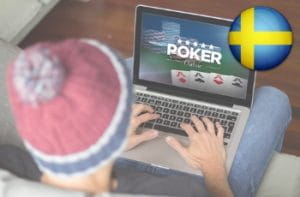 Uno scommettitore che piazza una scommessa al computer e la bandiera della Svezia