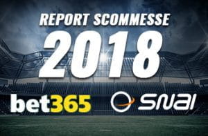 La scritta Report Scommesse 2018, i loghi di bet365 e SNAI e sullo sfondo uno stadio di calcio vuoto