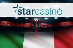 La bandiera dell'Italia, un canestro da basket e il logo di StarCasinò