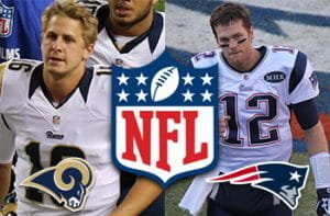 Il quarterback di Los Angeles Rams Jared Goff, il logo della NFL e il quaterback di New England Patriots Tom Brady
