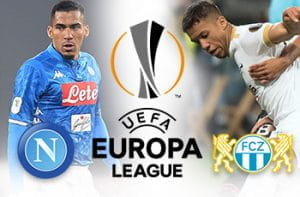 Allan con la maglia del Napoli e il logo della squadra partenopea, Kevin Rüegg e il logo dello Zurigo, il logo dell'Europa League