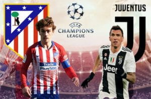 Antoine Griezmann e il logo dell'Atletico Madrid, Mario Mandzukic e il logo della Juventus e il logo della Champions League, sullo sfondo uno stadio affollato