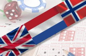Le bandiere di Inghilterra, Olanda e Norvegia e, sullo sfondo, una schedina scommesse e alcune fiches