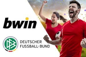 Il logo bwin, il logo Deutscher Fussball-Bund, un calciatore e una calciatrice che esultano