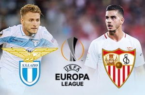 Ciro Immobile e il logo della Lazio, André Silva e il logo del Siviglia, il logo dell'Europa League