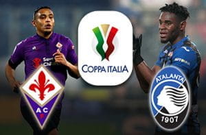 Luis Muriel e il logo della Fiorentina, Duvan Zapata e il logo dell'Atalanta e il logo della Coppa Italia