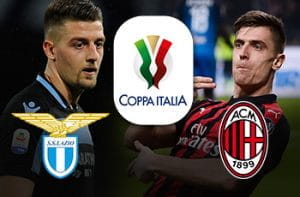 Sergej Milinkovic-Savic e il logo della Lazio, Krzysztof Piątek e il logo del Milan e il logo della Coppa Italia