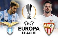 Luis Alberto e il simbolo della Lazio, Pablo Sarabia e il simbolo del Siviglia e il logo dell'Europa League