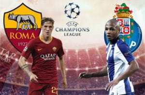 Nicolò Zaniolo con il logo della Roma, Yacine Brahimi con il logo del Porto e il logo della Champions League. Sullo sfondo, uno stadio affollato