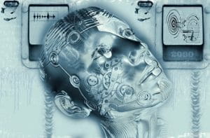 Il volto di un androide con in rilievo circuiti stampati