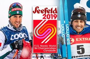 Gli sciatori di fondo Federico Pellegrino e Francesco De Fabiani, il logo dei mondiali di sci nordico 2019 di Seefeld