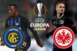 Keita Balde, il logo dell'Inter, Mijat Gaćinović e il logo dell'Eintracht Francoforte e il logo dell'Europa League