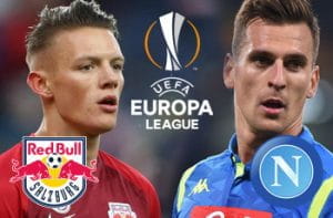 Hannes Wolf e il logo dell'RB Salisburgo, Arkadiusz Milik e il logo del Napoli e il logo dell'Europa League