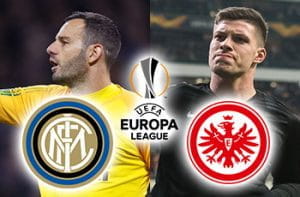 Samir Handanovic e il logo dell'Inter, Luka Jovic e il logo dell'Eintracht Francoforte e il logo dell'Europa League