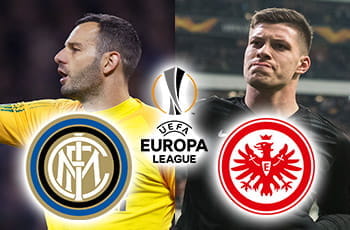 Samir Handanovic e il logo dell'Inter, Luka Jovic e il logo dell'Eintracht Francoforte e il logo dell'Europa League