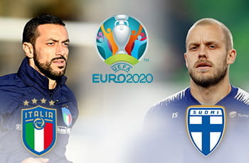 Fabio Quagliarella, Teemu Pukkii, i loghi della nazionale italiana e di quella Finlandese e quello di Euro 2020