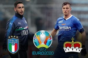 Gianluigi Donnarumma e Marcel Büchel, i loghi della nazionale italiana e del Liechtenstein e quello di Euro 2020