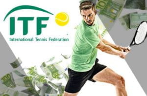 Un tennista in azione, delle banconote da 100€ e il logo della ITF, International Tennis Federation