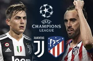 Paulo Dybala con il logo della Juventus, Diego Godin con il logo dell'Atletico Madrid e il logo della Champions League