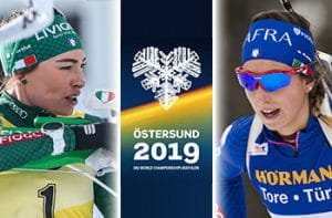 Dorothea Wierer, Lisa Vittozzi, il logo dei mondiali di biathlon 2019 di Östersund