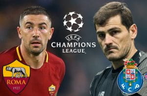 Aleksandar Kolarov e il logo della Roma, Iker Casillas e il logo del Porto e il logo della Champions League
