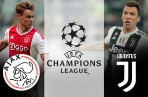 Frankie De Jong e il logo dell'Ajax, Mario Mandzukic e il logo della Juventus e il logo della Champions League