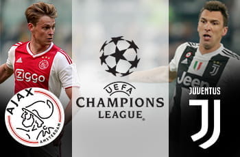 Frankie De Jong e il logo dell'Ajax, Mario Mandzukic e il logo della Juventus e il logo della Champions League