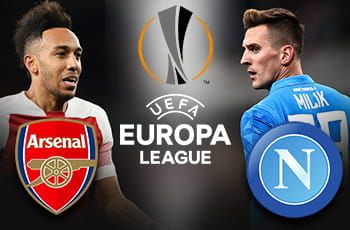 Pierre-Emerick Aubameyang e il logo dell'Arsenal, Arkadiusz Milik e il logo del Napoli e il logo dell'Europa League