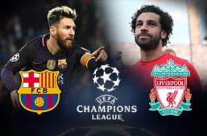 Lionel Messi e lo stemma del Barcellona, Mohamed Salah e lo stemma del Liverpool e il logo della Champions League