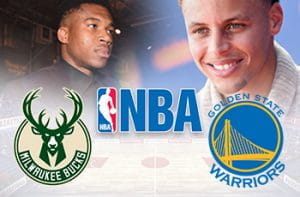 Giannis Antetokounmpo, Stephen Curry, il logo di Milwaukee Bucks, il logo di Golden State Warriors, il logo dell’NBA, un campo da basket in background