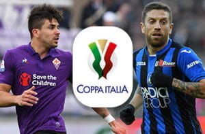 Giovanni Simeone e Papu Gomez e il logo della Coppa Italia