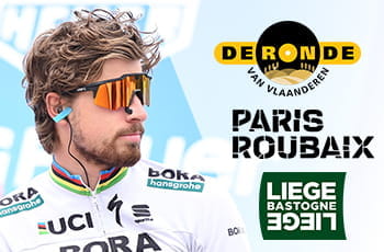 Il ciclista slovacco Peter Sagan e i loghi delle tre Classiche del Nord: Giro delle Fiandre, Parigi - Roubaix, Liegi- Bastogne - Liegi