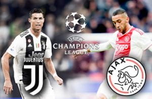 Cristiano Ronaldo e il logo della Juventus, Hakim Ziyech e il logo dell'Ajax e il logo della Champions League