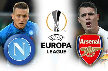 Piotr Zielinski e il logo del Napoli, Granit Xhaka e il logo dell'Arsenal e il logo dell'Europa League