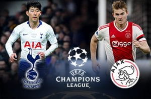 Son Heung-min e il logo del Tottenham, Matthijs De Ligt e il logo dell'Ajax e il logo della Champions League