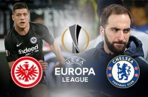 Luka Jovic e lo stemma dell'Eintracht Francoforte, Gonzalo Higuain e lo stemma del Chelsea e il logo dell'Europa League
