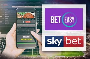 Uno smartphone e due mani che stanno piazzando una scommessa, il logo di BetEasy, il logo di Sky Bet