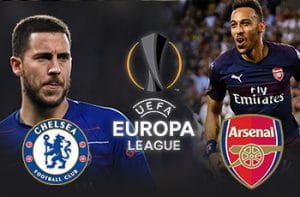 Eden Hazard e lo stemma del Chelsea, Pierre-Emerick Aubameyang e lo stemma dell'Arsenal e il logo dell'Europa League