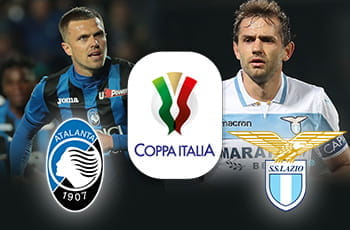 Josip Ilicic e lo stemma dell'Atalanta, Senad Lulic e lo stemma della Lazio e il logo della Coppa Italia