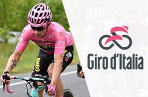 Il logo del Giro d’Italia e Primoz Roglic in maglia rosa
