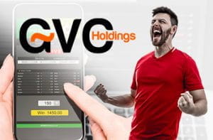 Il logo GVG Holdings, uno smartphone connesso ad un sito scommesse, un calciatore che esulta
