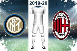 Il logo dell’Inter, il logo del Milan, una divisa da calcio bianca e la scritta 2019-20