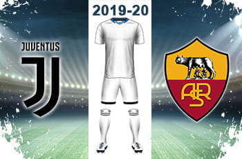 Il logo della Juventus, il logo della Roma, una divisa da calcio bianca e la scritta 2019-20