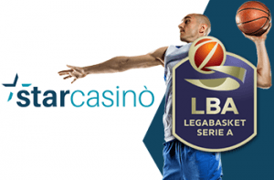 Un giocatore di basket, il logo della Lega Basket Serie A e il logo di StarCasinò