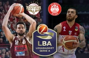 I giocatori di basket Mike James, Mitchell Watt, i loghi di Olimpia Milano, Reyer Venezia, Lega Basket Serie A