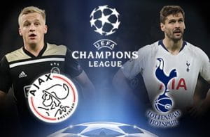 Donny Van de Beek e lo stemma dell'Ajax, Fernando Llorente e lo stemma del Tottenham e il logo della Champions League